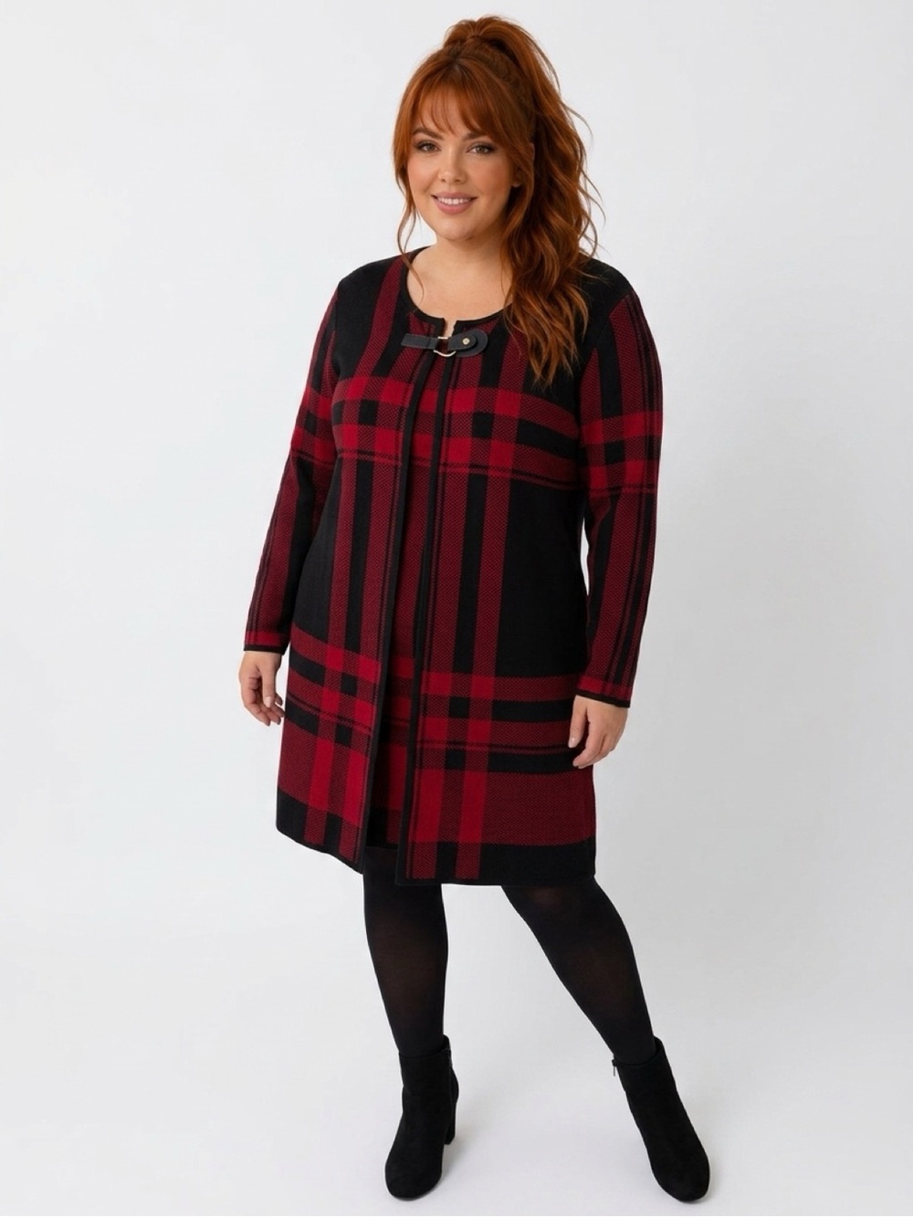 Anne Klein Red and Black Plaid Longline Tunic Coatigan